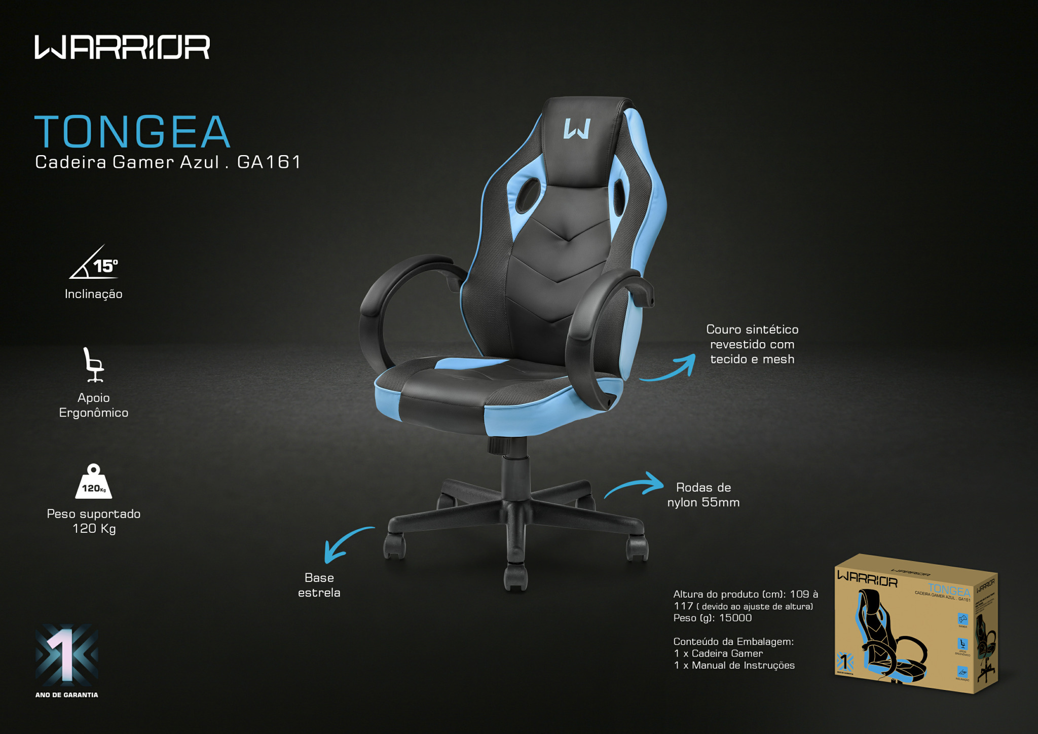 Cadeira Gamer Warrior GA161 Multi Preto e Azul,Cadeira Gamer Warrior GA161,cadeira gamer tongea preta e azul ga161 warrior