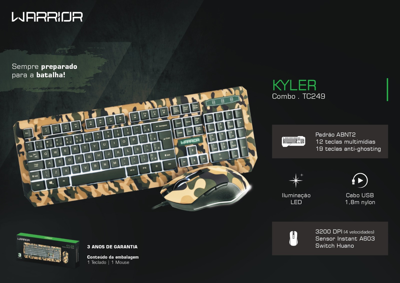 Kit Gamer - Teclado e Mouse -TC249 Army Kyler Warrior e Headset Straton USB  2,0 -PH305