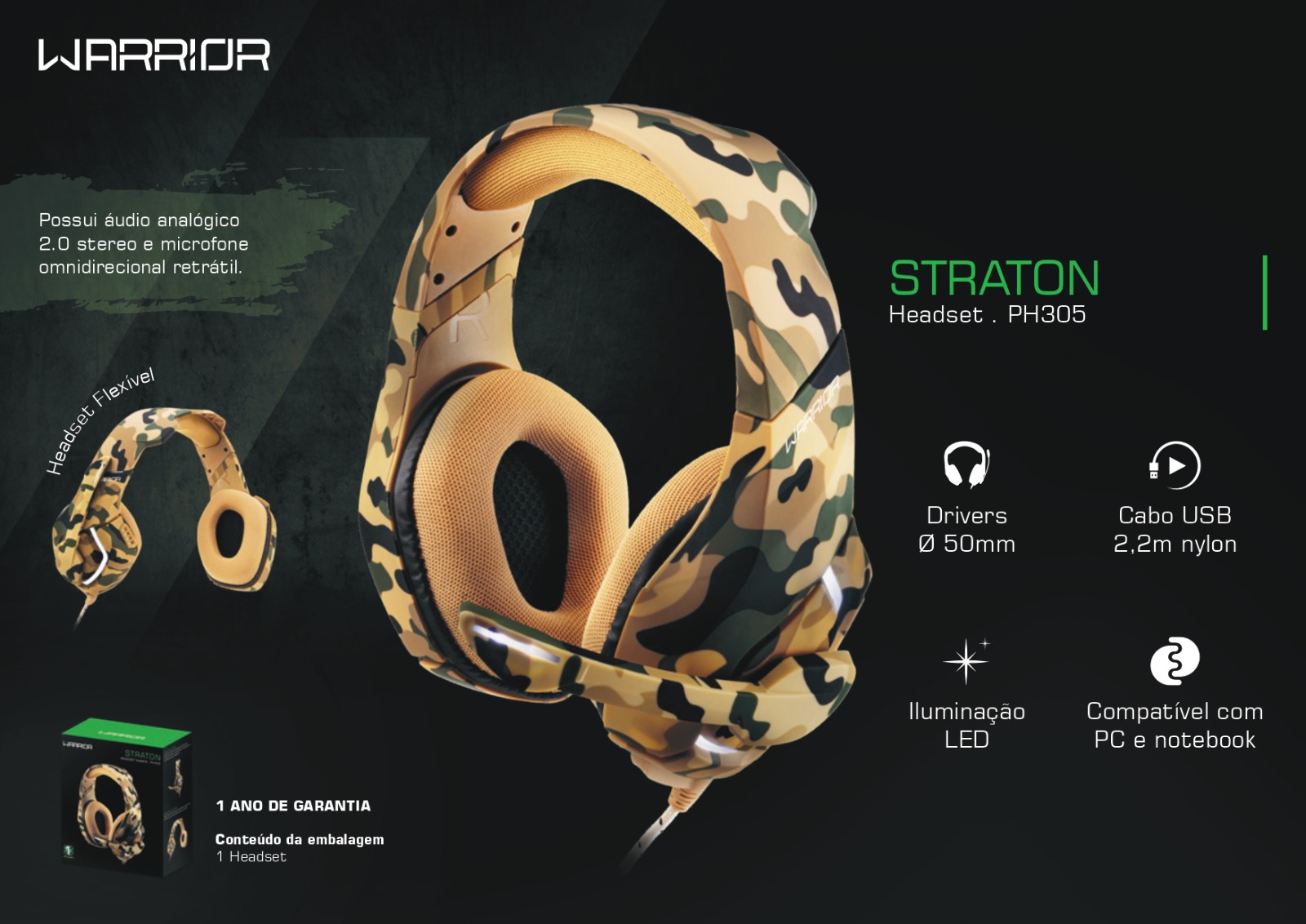 Headset Gamer Warrior Straton, LeD Branco, Cabo Usb Drivers 50mm